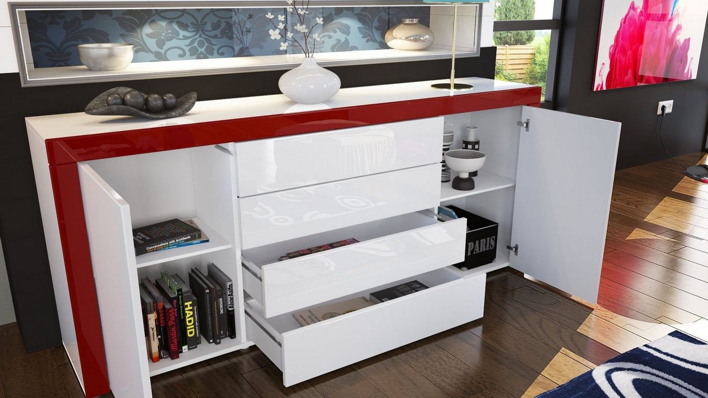 Vladon Sideboard La Paz V1 (Kommode, mit 2 Türen und 4 Schubladen), Weiß Hochglanz / Weiß Hochglanz (167 x 72 x 35) – Bild 3 von 5
