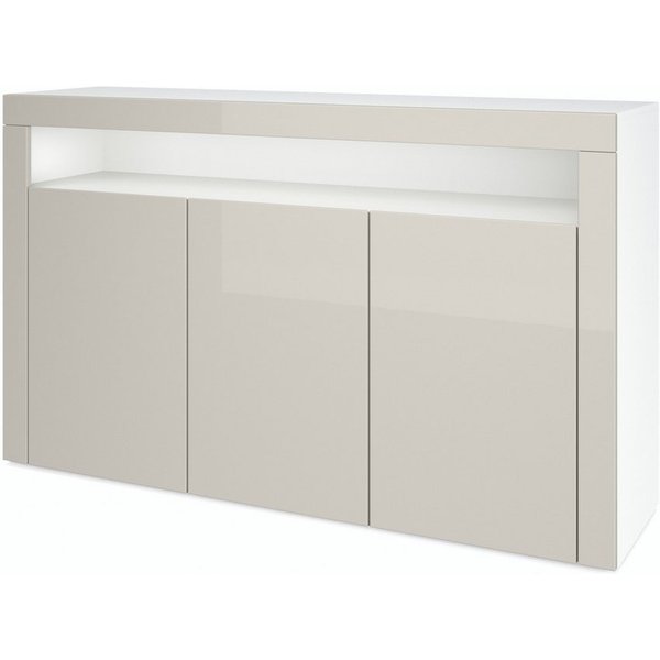 Vladon Sideboard Valencia (Sideboard, mit 3 Türen und 1 offenem Fach), Weiß matt/Sandgrau Hochglanz/Sandgrau Hochglanz (155 x 92 x 40 cm)