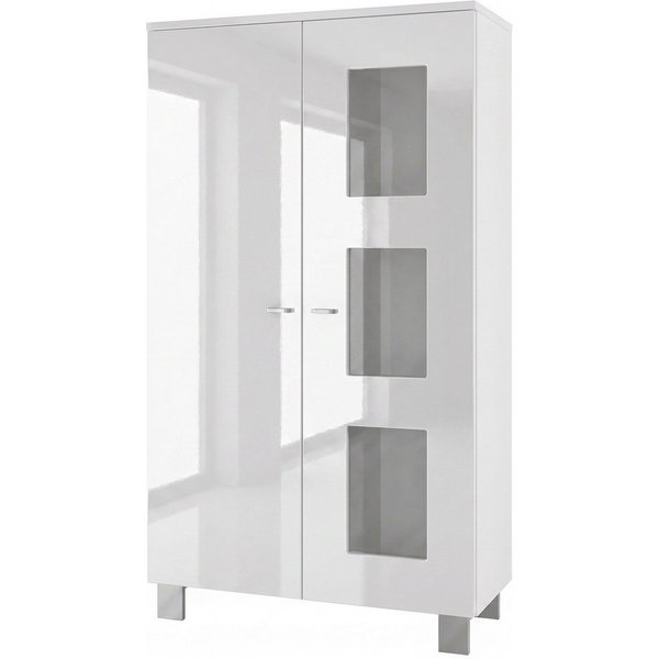 Vladon Standvitrine Denjo (Standvitrine, mit 2 Türen und 3 Glaseinsätzen) Weiß matt/ Weiß Hochglanz (71 x 129 x 35 cm)