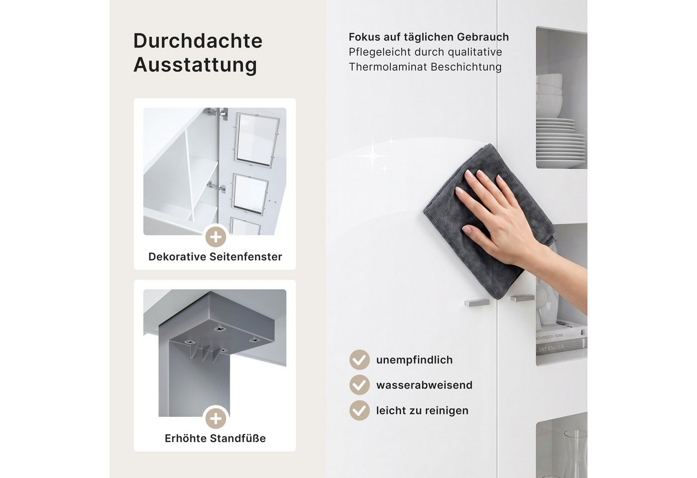 Vladon Standvitrine Denjo (Standvitrine, mit 2 Türen und 3 Glaseinsätzen) Weiß matt/ Weiß Hochglanz (71 x 129 x 35 cm) – Bild 4 von 5