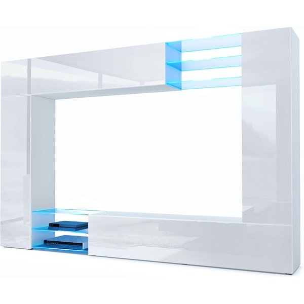 Vladon Wohnwand Mirage, (Anbauwand mit Rückwand mit 2 Türen, 2 Klappen und 6 offenen Glasablagen), Weiß matt/Weiß Hochglanz, inkl. LED-Beleuchtung (262 x 183 x 
