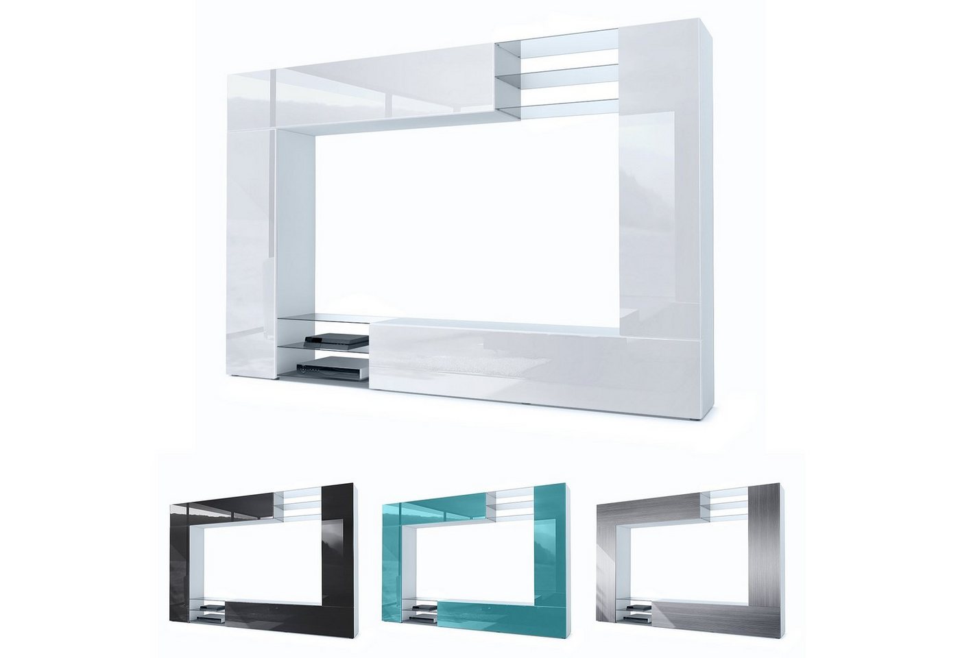 Vladon Wohnwand Mirage, (Anbauwand mit Rückwand mit 2 Türen, 2 Klappen und 6 offenen Glasablagen), Weiß matt/Weiß Hochglanz, inkl. LED-Beleuchtung (262 x 183 x  – Bild 5 von 5