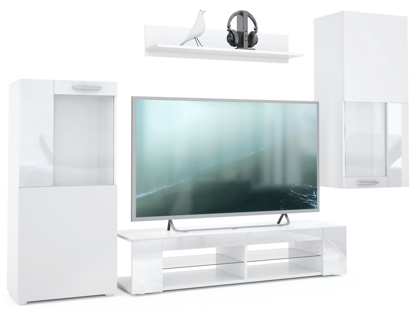 Vladon Wohnwand Movie, (Anbauwand, bestehend aus 1 TV-Board, 2 Vitrinen und 1 Regal), Weiß matt/Weiß matt/Weiß Hochglanz (Gesamt: 300 x 190 x 39 cm) – Bild 2 von 5
