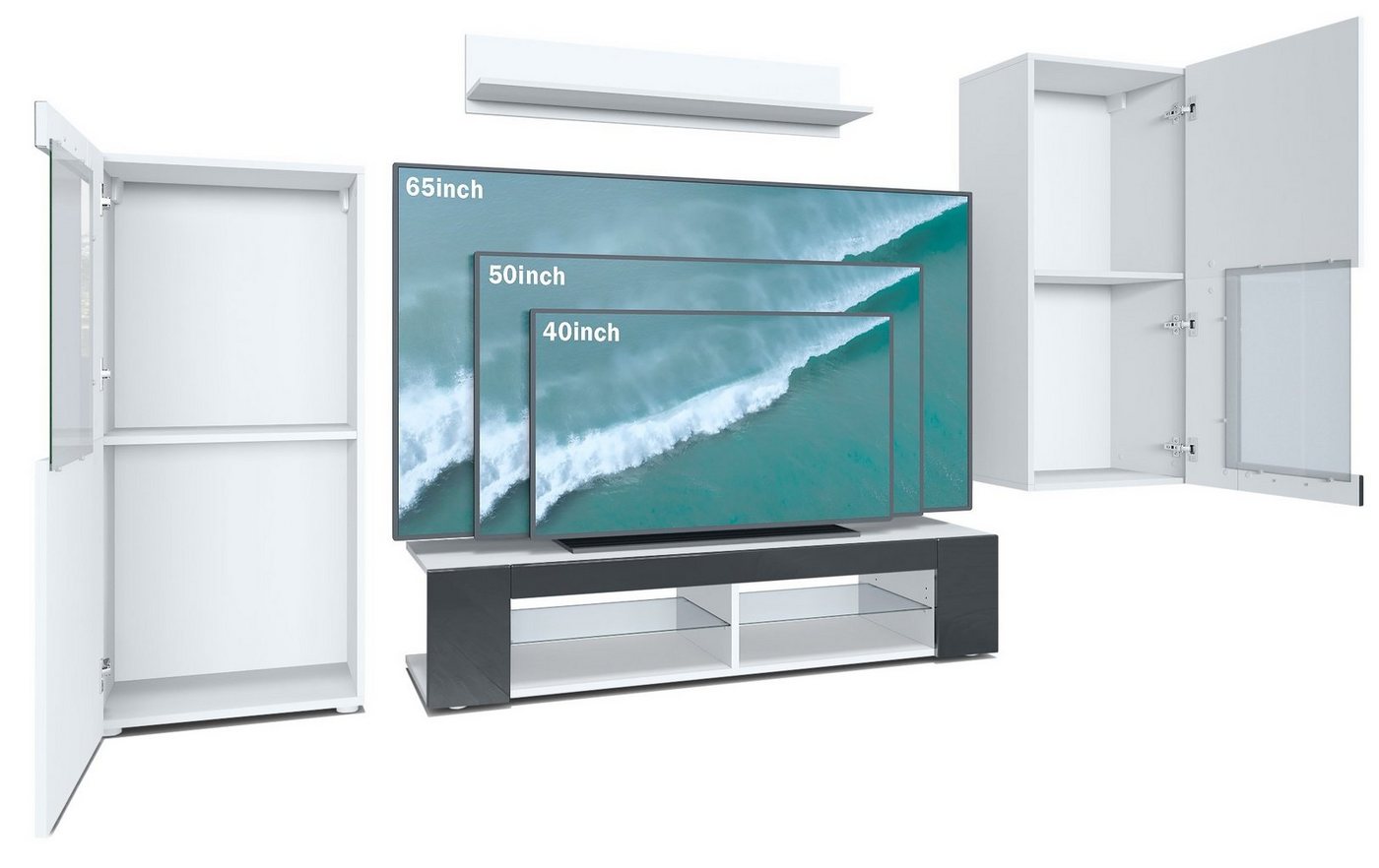 Vladon Wohnwand Movie, (Anbauwand, bestehend aus 1 TV-Board, 2 Vitrinen und 1 Regal), Weiß matt/Weiß matt/Weiß Hochglanz (Gesamt: 300 x 190 x 39 cm) – Bild 3 von 5