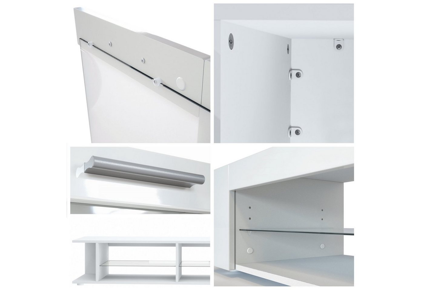 Vladon Wohnwand Movie, (Anbauwand, bestehend aus 1 TV-Board, 2 Vitrinen und 1 Regal), Weiß matt/Weiß matt/Weiß Hochglanz (Gesamt: 300 x 190 x 39 cm) – Bild 4 von 5
