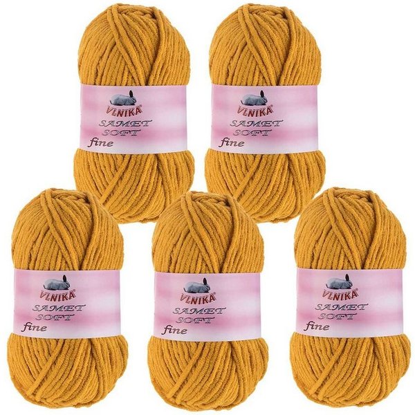 VLNIKA 5 x 100g Strickgarn Samet Soft Fine Samtwolle Strickwolle flauschige Häkelwolle, 500 m, 290 senfgelb