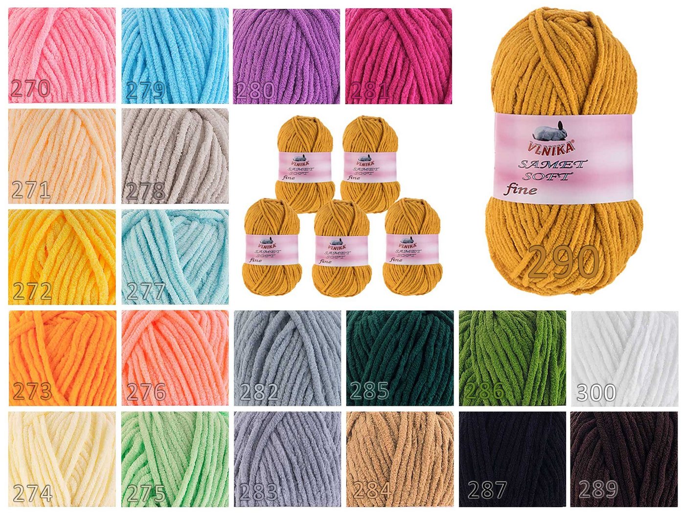 VLNIKA 5 x 100g Strickgarn Samet Soft Fine Samtwolle Strickwolle flauschige Häkelwolle, 500 m, 290 senfgelb – Bild 2 von 2