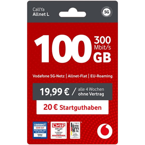 Vodafone CallYa Allnet L Prepaidkarte, (100 GB, 20 € Guthaben, ohne Vertrag, 5G, Allnet-Flat)