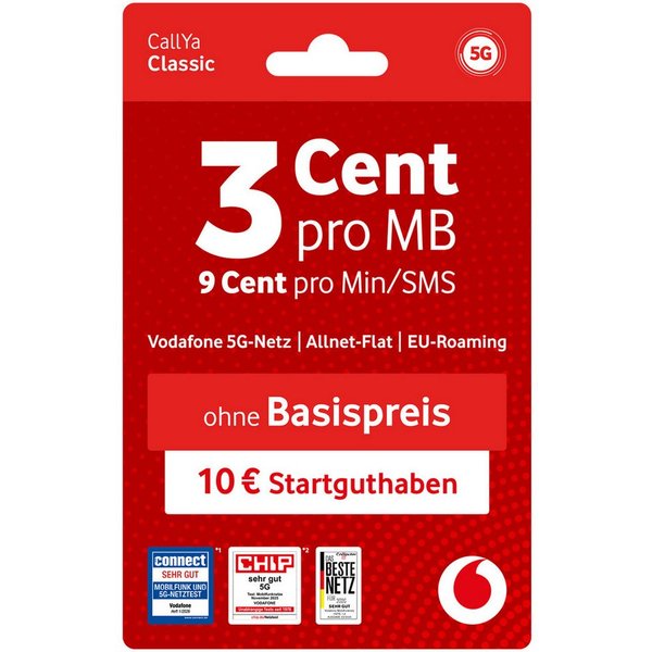 Vodafone CallYa Classic Prepaidkarte, (10 EUR Startguthaben I ohne Vertrag, 5G-Netz, 9 Ct. pro Min/SMS)