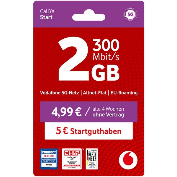 Vodafone CallYa Start Prepaidkarte, (2 GB, 5 EUR Startguthaben, ohne Vertrag, 5G-Netz, Allnet-Flat)