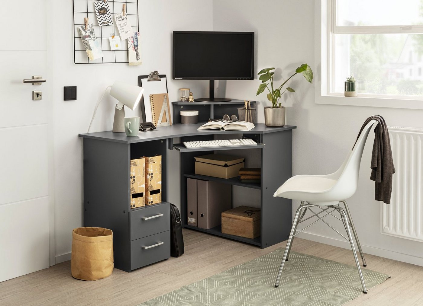 VOGL Möbelfabrik Schreibtisch Sam, Eckschreibtisch, Tastaturauszug, Monitoraufsatz & opt. Towerfach – Bild 2 von 5