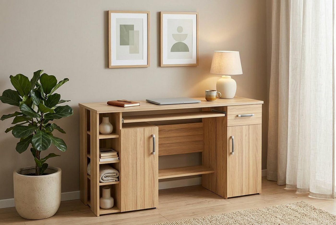 VOGL Möbelfabrik Schreibtisch Tim mit seitlich offenen Fächern & Tastaturauszug, Druckerablage, 1 Schublade, Breite 138 cm, Made in Germany – Bild 4 von 5