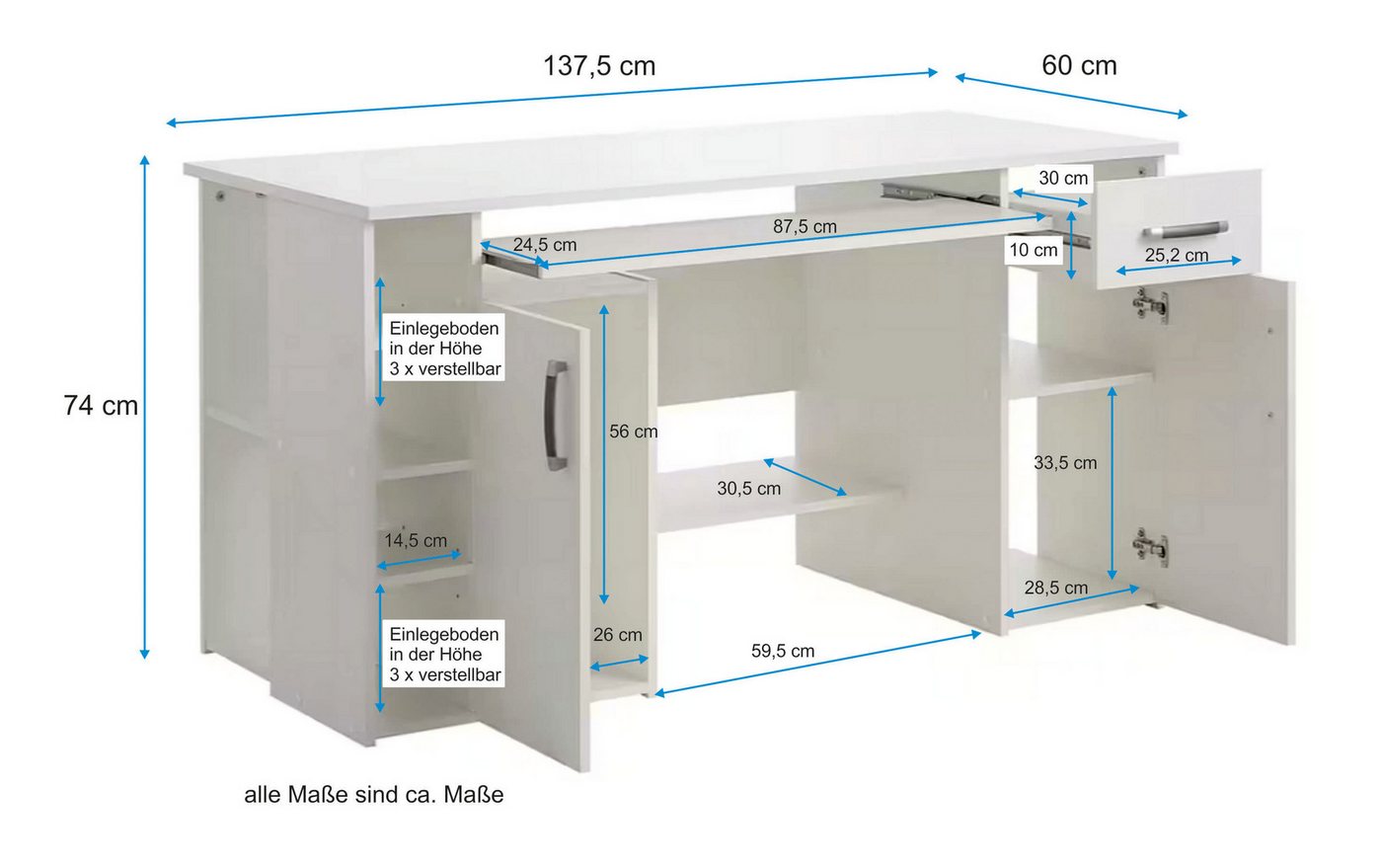 VOGL Möbelfabrik Schreibtisch Tim mit seitlich offenen Fächern & Tastaturauszug, Druckerablage, 1 Schublade, Breite 138 cm, Made in Germany – Bild 5 von 5
