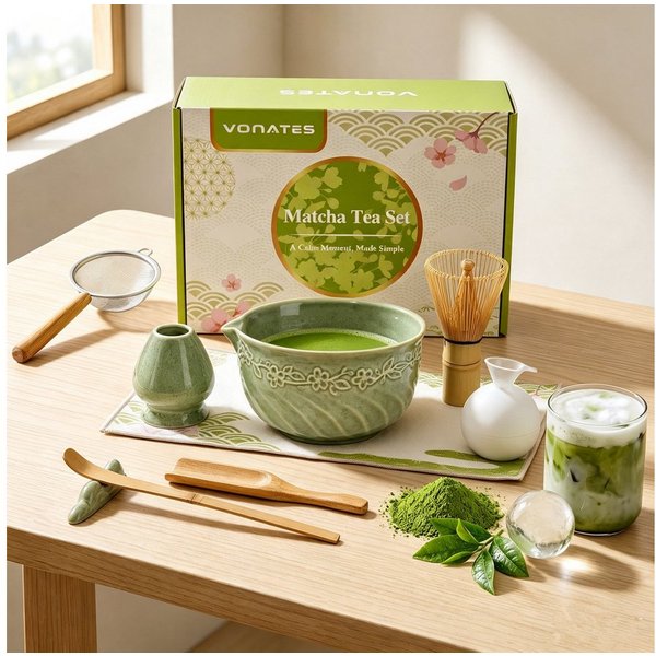 VONATES Teeservice 9-teilig Matcha Set mit Matcha-Schale, Bambus-Besener & Halter, Sieb, Löffel, Tuch, Eisform, aus Bambus und Keramik für Teezeremonie