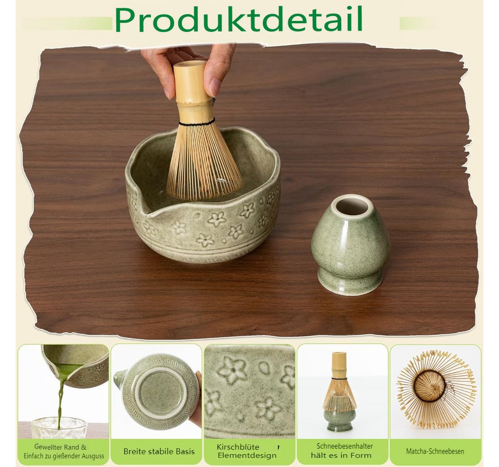 VONATES Teeservice 9tlg. Matcha Set mit Matcha-Schale, Bambus-Besener & Halter, Sieb, Löffel, Tuch, Eisform, aus Bambus und Keramik für Teezeremonie – Bild 2 von 5