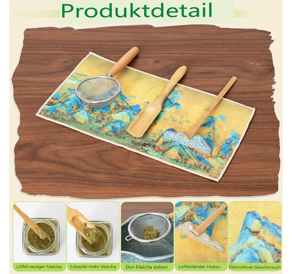 VONATES Teeservice 9tlg. Matcha Set mit Matcha-Schale, Bambus-Besener & Halter, Sieb, Löffel, Tuch, Eisform, aus Bambus und Keramik für Teezeremonie – Bild 3 von 5