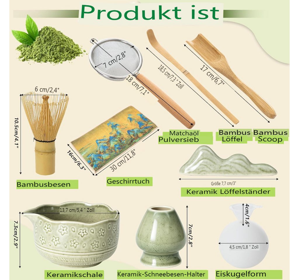 VONATES Teeservice 9tlg. Matcha Set mit Matcha-Schale, Bambus-Besener & Halter, Sieb, Löffel, Tuch, Eisform, aus Bambus und Keramik für Teezeremonie – Bild 4 von 5