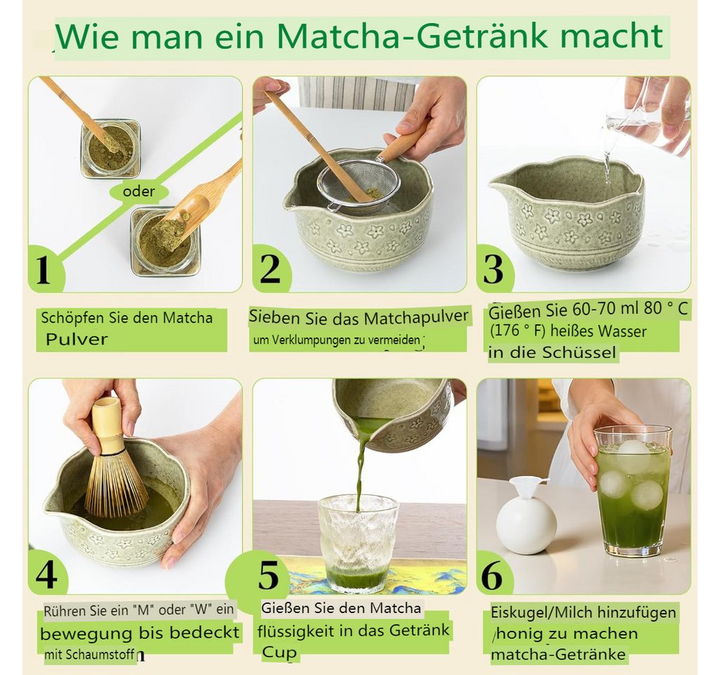 VONATES Teeservice 9tlg. Matcha Set mit Matcha-Schale, Bambus-Besener & Halter, Sieb, Löffel, Tuch, Eisform, aus Bambus und Keramik für Teezeremonie – Bild 5 von 5