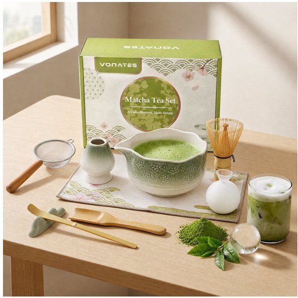 VONATES Teeservice 9tlg. Matcha Set mit Matcha-Schale, Bambus-Besener & Halter, Sieb, Löffel, Tuch, Eisform, aus Bambus und Keramik für Teezeremonie
