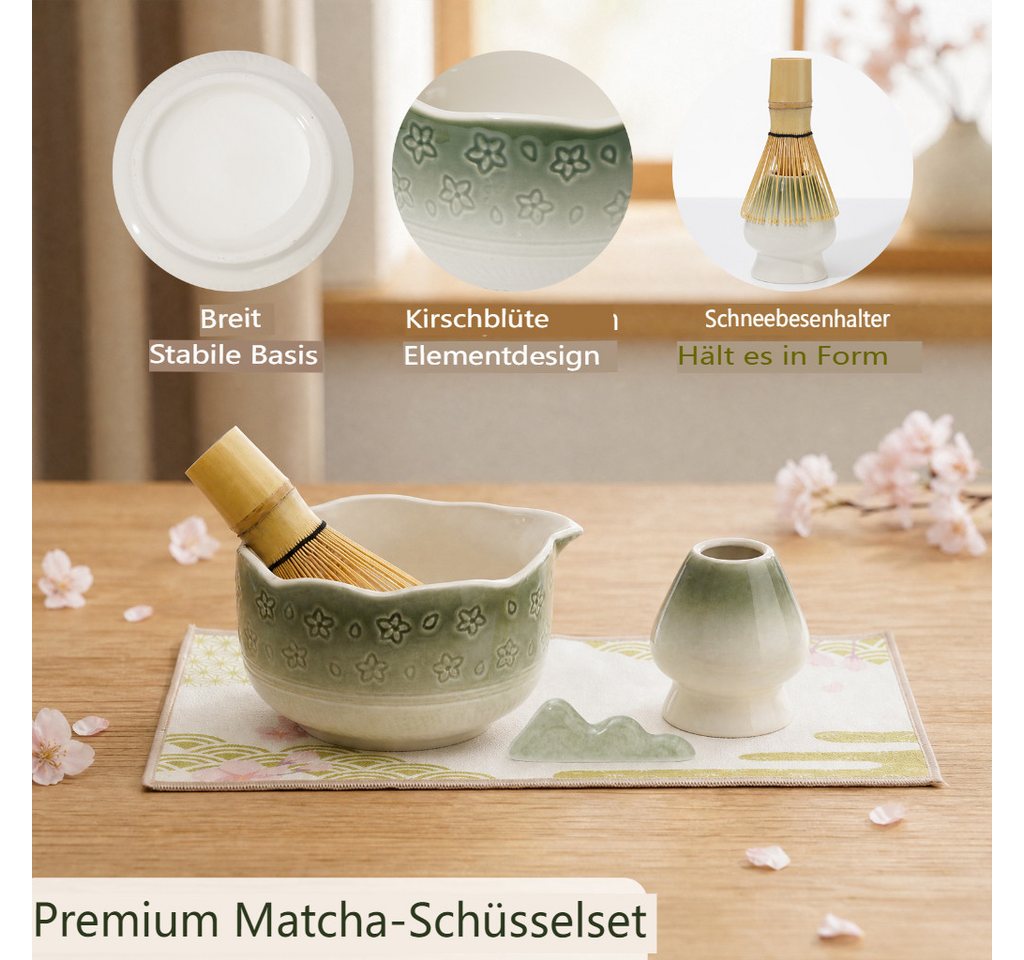 VONATES Teeservice 9tlg. Matcha Set mit Matcha-Schale, Bambus-Besener & Halter, Sieb, Löffel, Tuch, Eisform, aus Bambus und Keramik für Teezeremonie – Bild 2 von 5