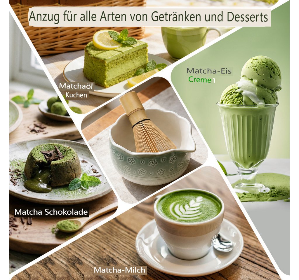 VONATES Teeservice 9tlg. Matcha Set mit Matcha-Schale, Bambus-Besener & Halter, Sieb, Löffel, Tuch, Eisform, aus Bambus und Keramik für Teezeremonie – Bild 3 von 5