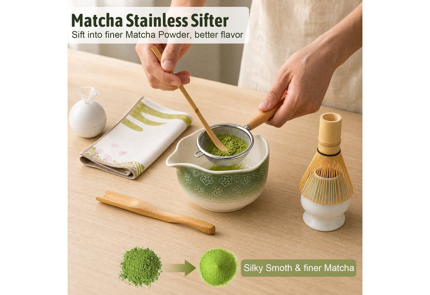 VONATES Teeservice 9tlg. Matcha Set mit Matcha-Schale, Bambus-Besener & Halter, Sieb, Löffel, Tuch, Eisform, aus Bambus und Keramik für Teezeremonie – Bild 4 von 5