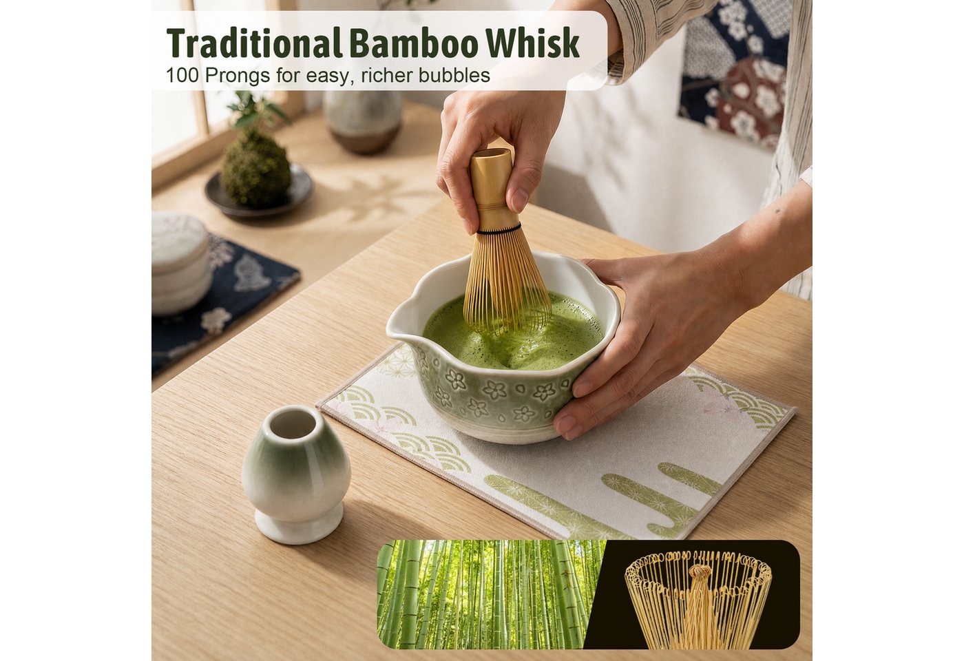 VONATES Teeservice 9tlg. Matcha Set mit Matcha-Schale, Bambus-Besener & Halter, Sieb, Löffel, Tuch, Eisform, aus Bambus und Keramik für Teezeremonie – Bild 5 von 5