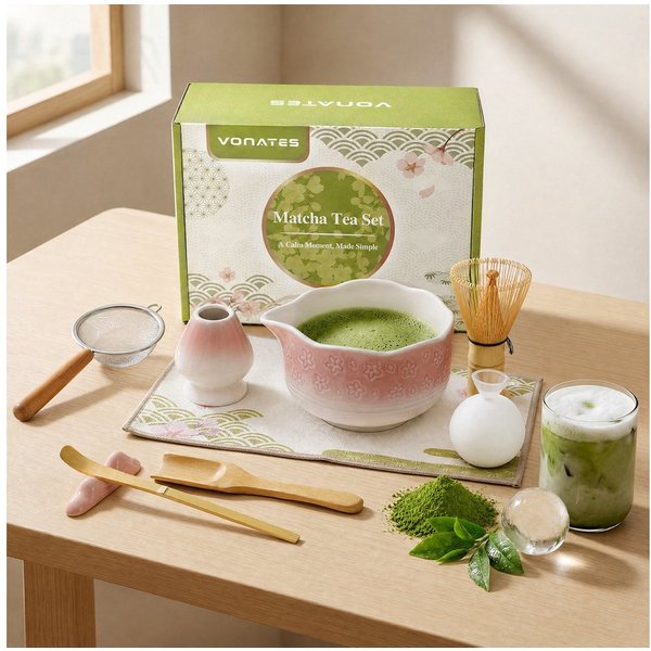 VONATES Teeservice 9tlg. Matcha Set mit Matcha-Schale, Bambus-Besener & Halter, Sieb, Löffel, Tuch, Eisform, aus Bambus und Keramik für Teezeremonie