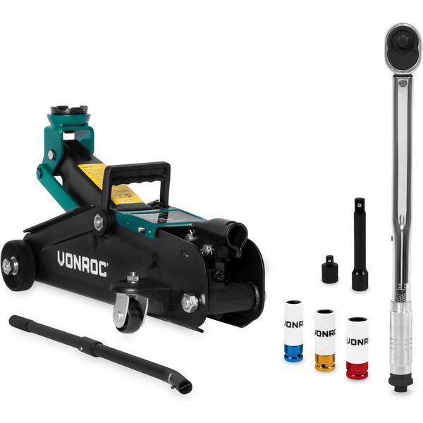 VONROC Wagenheber hydraulisch 2T - Rangierwagenheber flach für Auto bis 2 Tonnen, max. Hubhöhe: 33 cm, 7-tlg.