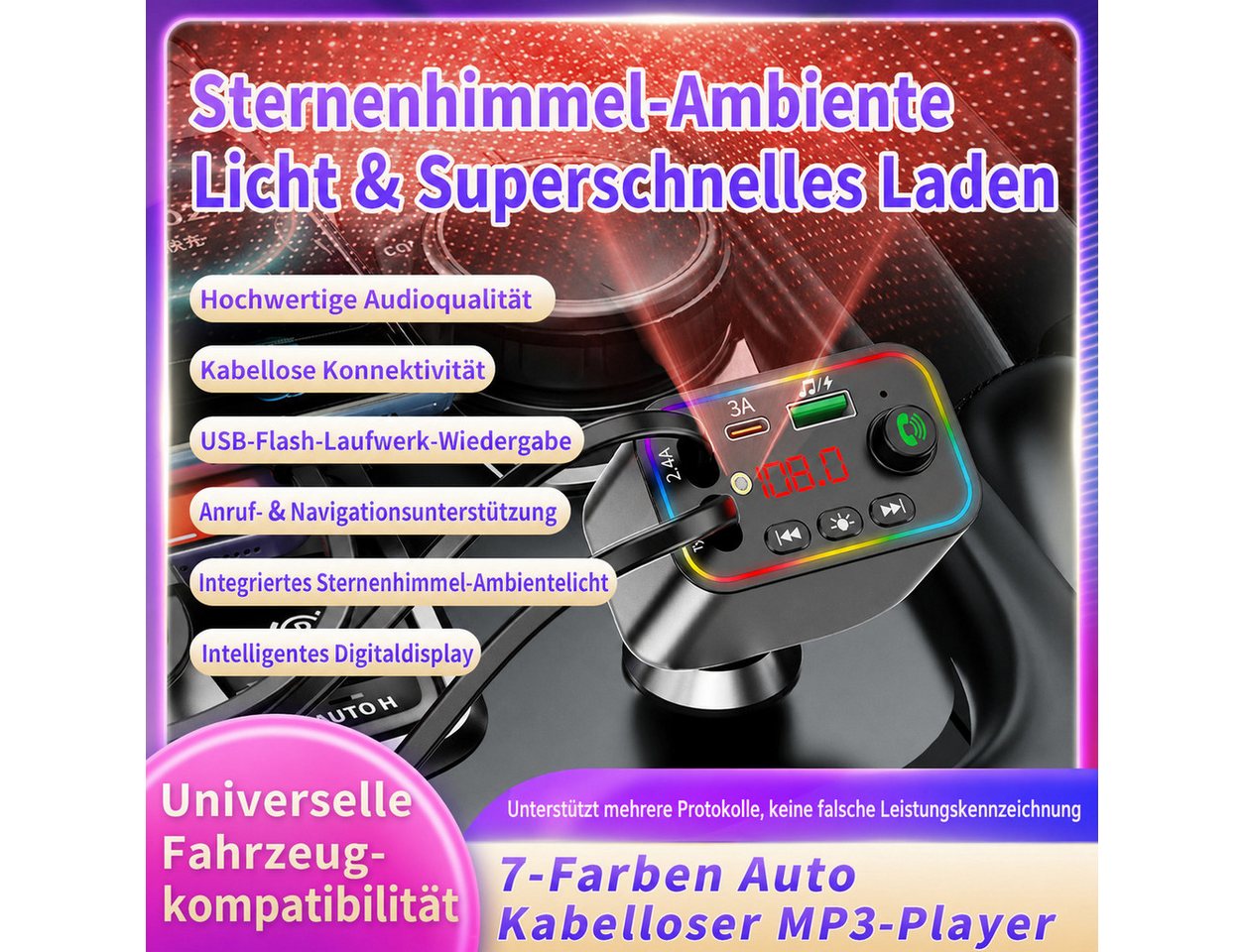 Vornix Bluetooth-FM-Transmitter für Auto,PD3.0/PP/PPSQC4.0+AFC Schnelllade KFZ-Transmitter Bluetooth FM Transmitter Auto zu mit Dual einziehbaren Kabeln, RGB Am – Bild 2 von 5