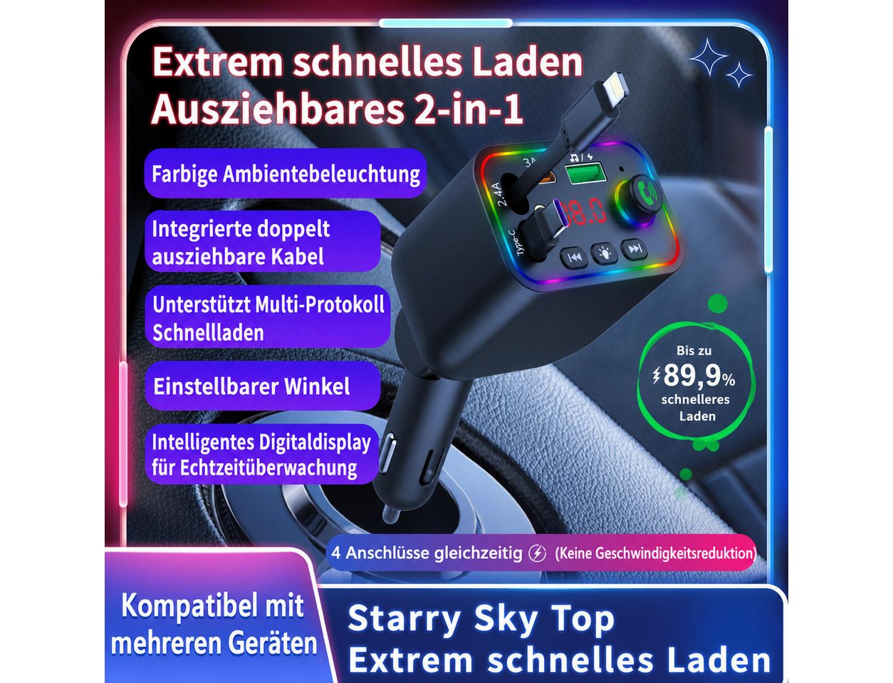 Vornix Bluetooth-FM-Transmitter für Auto,PD3.0/PP/PPSQC4.0+AFC Schnelllade KFZ-Transmitter Bluetooth FM Transmitter Auto zu mit Dual einziehbaren Kabeln, RGB Am – Bild 3 von 5