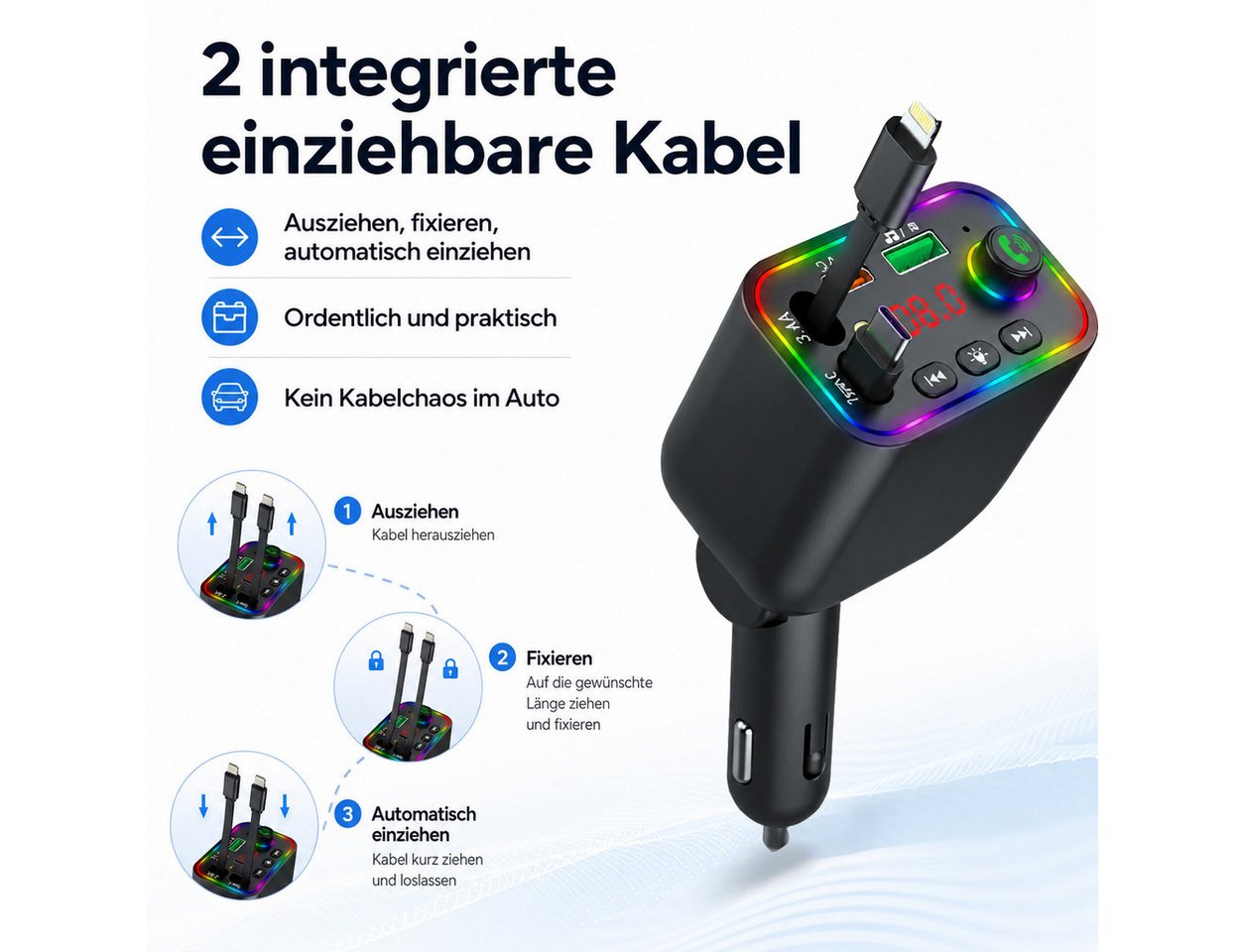 Vornix Bluetooth-FM-Transmitter für Auto,PD3.0/PP/PPSQC4.0+AFC Schnelllade KFZ-Transmitter Bluetooth FM Transmitter Auto zu mit Dual einziehbaren Kabeln, RGB Am – Bild 4 von 5