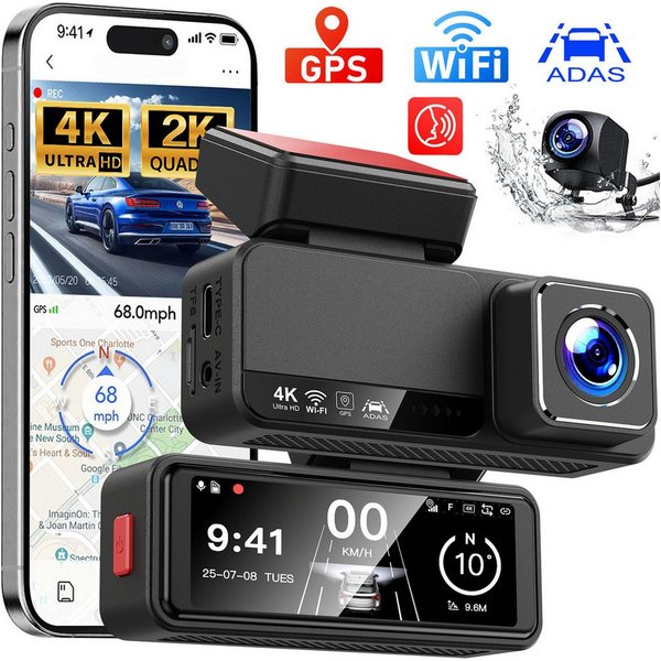 Vornix Dashcam Auto,2-Kanal 4K+1080P Autokamera,Mit GPS 3.16 Zoll-Bildschirm Dashcam (WLAN (Wi-Fi), ADAS, Zeitrafermodus, App-Steuerung Autokamera,140°Ultraweit