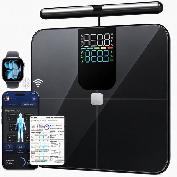 Vornix Körper-Analyse-Waage smarte Körperfettwaage mit 8 Elektroden,WLAN & Bluetooth, 28 Körperwerte, A&P Health App, Segmentanalyse, smarte Waage Ganzkörperana