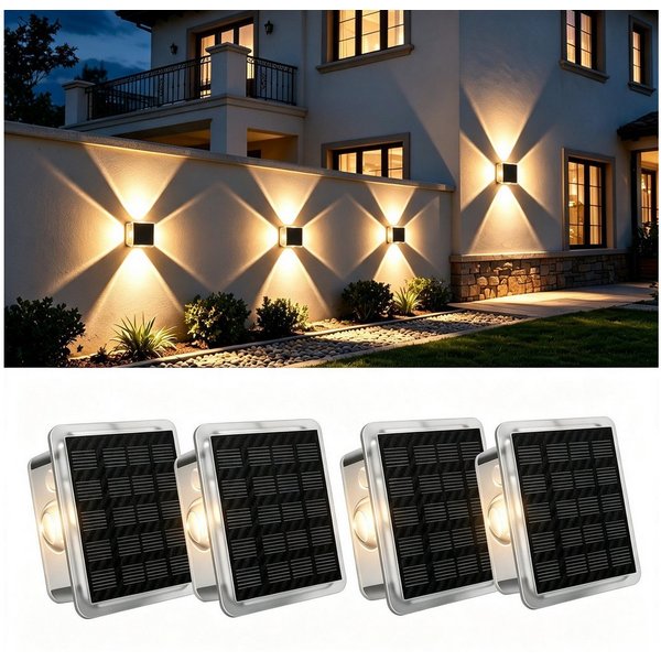 Vornix LED Außen-Wandleuchte Solar nfür, Up and Down Solarlampen für Außen Wand, 2/4 Stück, IP66 Wasserdicht, 4 LEDs, 8 Farbmodi Solarleuchten für Garten Hof Te