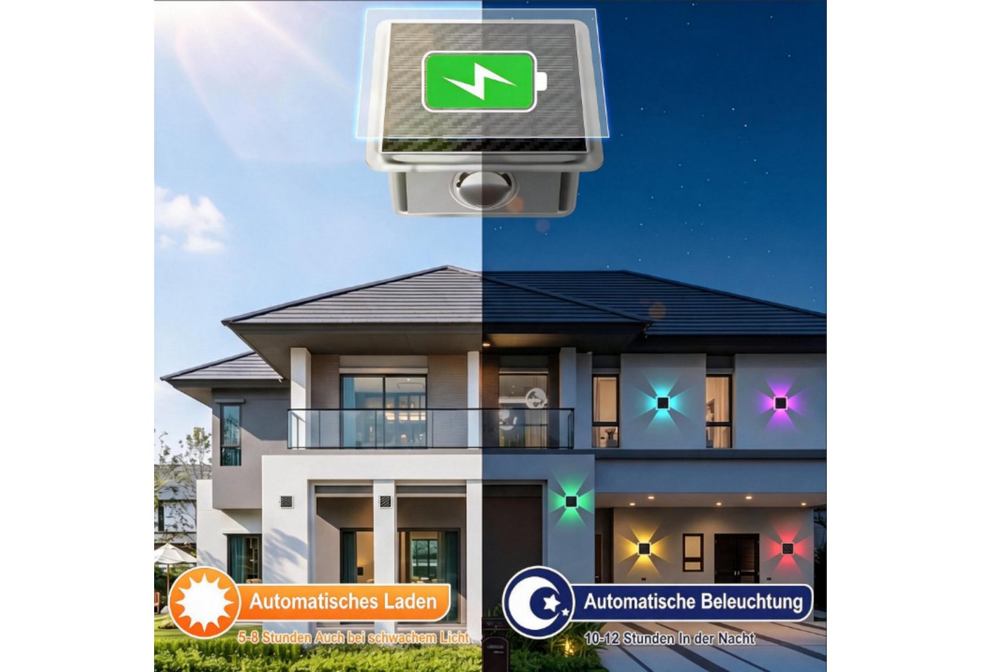 Vornix LED Außen-Wandleuchte Solar nfür, Up and Down Solarlampen für Außen Wand, 2/4 Stück, IP66 Wasserdicht, 4 LEDs, 8 Farbmodi Solarleuchten für Garten Hof Te – Bild 4 von 5