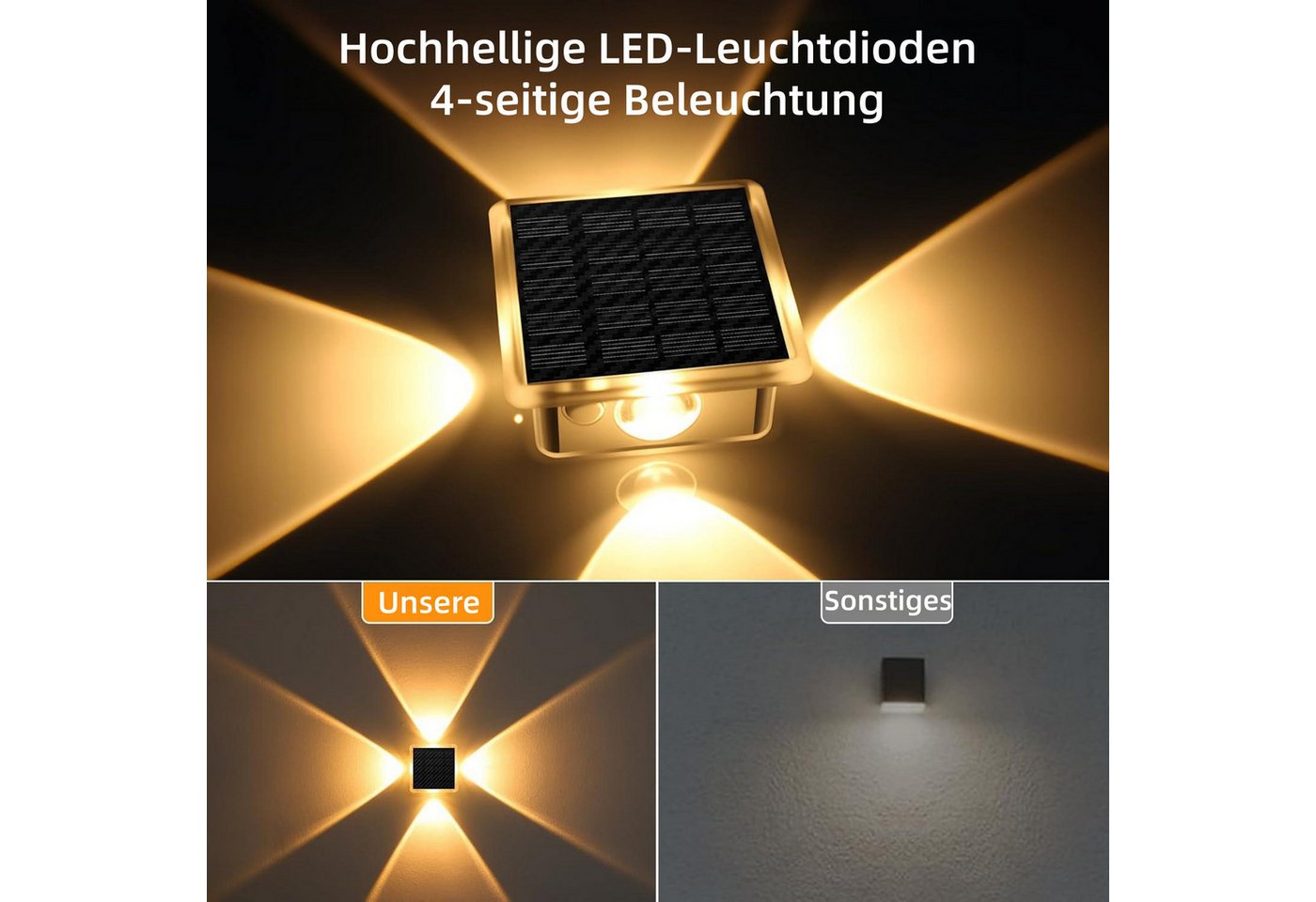 Vornix LED Außen-Wandleuchte Solar nfür, Up and Down Solarlampen für Außen Wand, 2/4 Stück, IP66 Wasserdicht, 4 LEDs, 8 Farbmodi Solarleuchten für Garten Hof Te – Bild 5 von 5