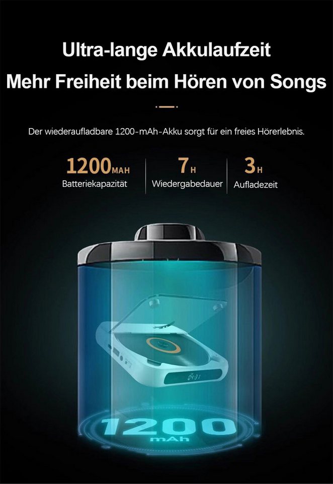 Vornix Tragbarer CD-Player mit Bluetooth 5.3,mit externem Verstärker,CD-Musik CD-Player (Bluetooth, Staubschutz,Kopfhörerbuchse für Geschenk,Zuhause) – Bild 3 von 5