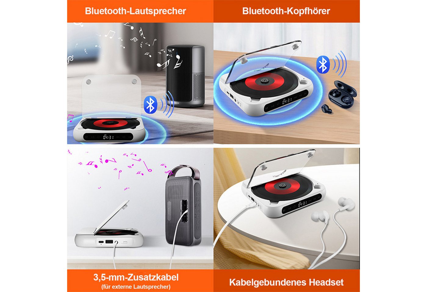 Vornix Tragbarer CD-Player mit Bluetooth 5.3,mit externem Verstärker,CD-Musik CD-Player (Bluetooth, Staubschutz,Kopfhörerbuchse für Geschenk,Zuhause) – Bild 4 von 5