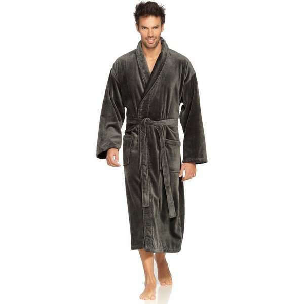 Vossen Herrenbademantel Feeling-L, ideal für Sauna & Spa, Hotelbademantel, Morgenmantel, Langform, Webvelours, Schalkragen, Gürtel, mit hohem Kragen