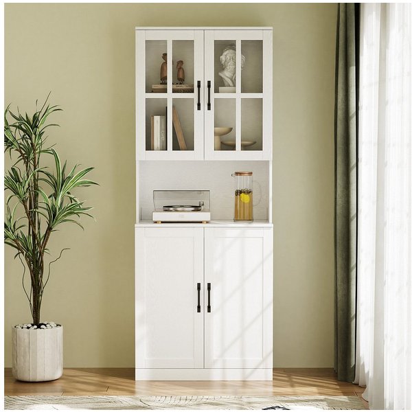 VOWNER Bücherregal mit Glastüren, offenem Fach & Arbeitsplatte – 5 Ebenen Hochschrank, 1-tlg., Vitrinenschrank Buffetschrank Standregal für Wohnzimmer & Büro