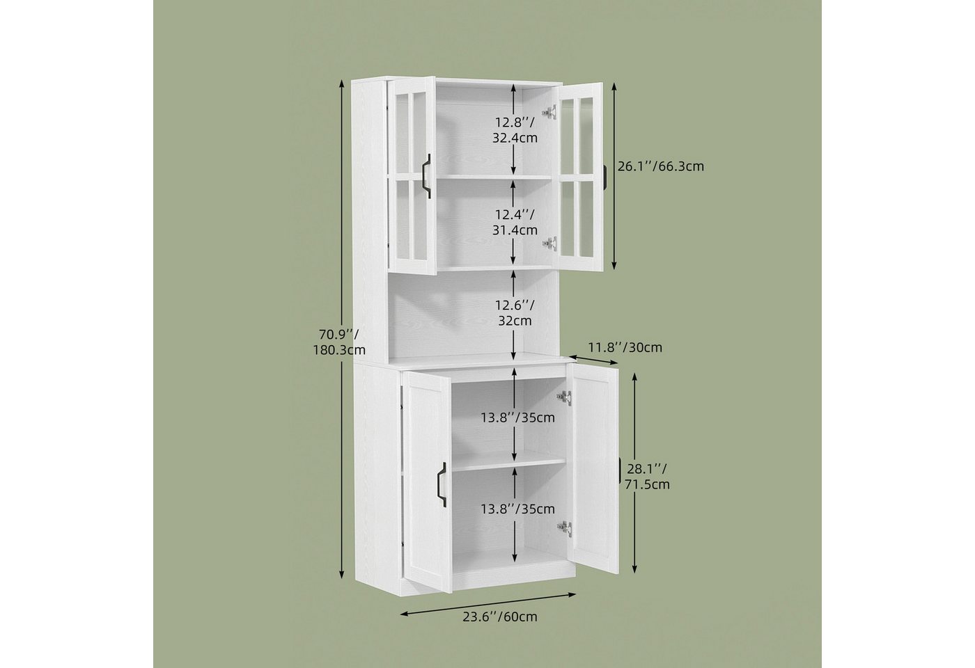 VOWNER Bücherregal mit Glastüren, offenem Fach & Arbeitsplatte – 5 Ebenen Hochschrank, 1-tlg., Vitrinenschrank Buffetschrank Standregal für Wohnzimmer & Büro – Bild 2 von 5
