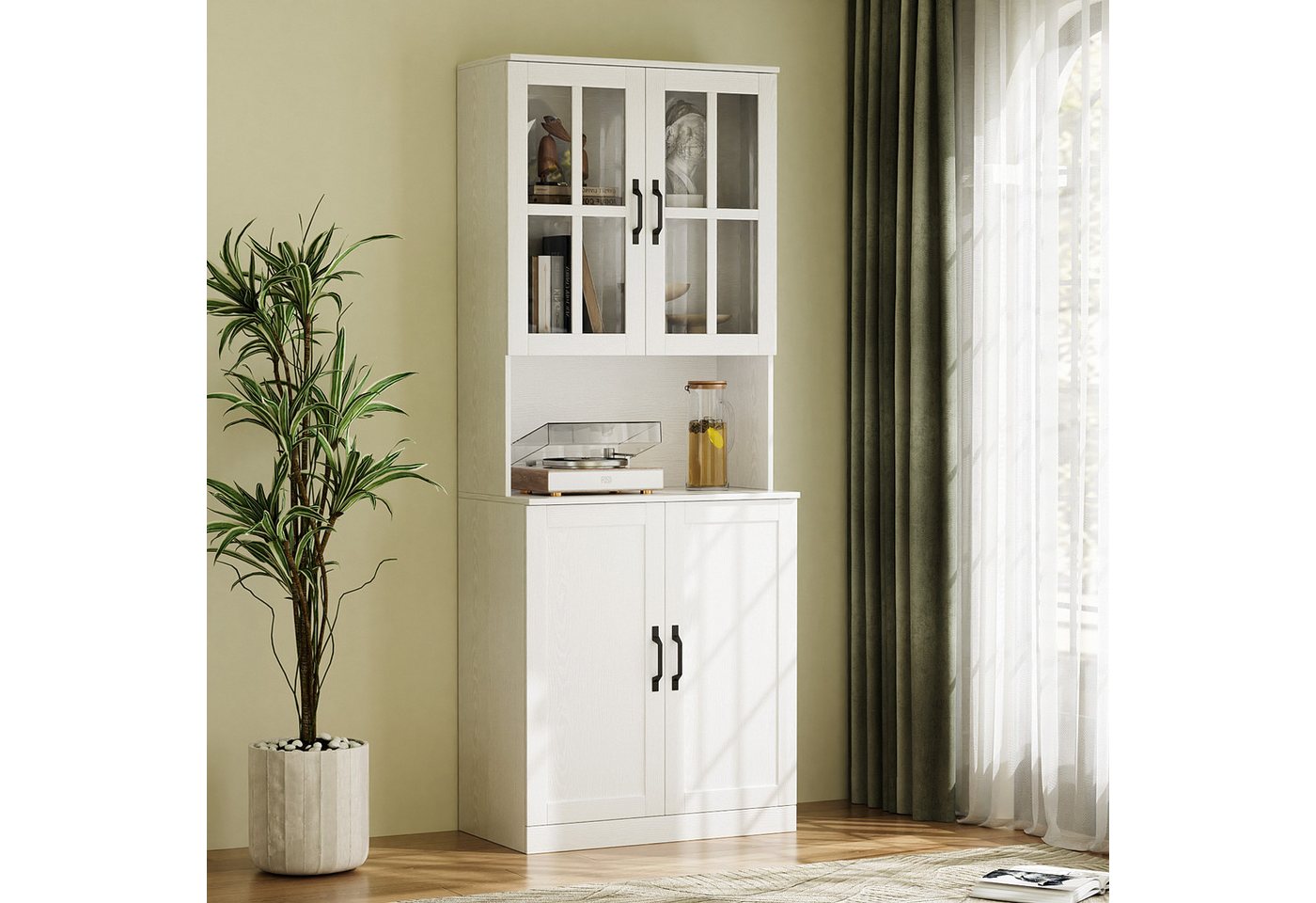 VOWNER Bücherregal mit Glastüren, offenem Fach & Arbeitsplatte – 5 Ebenen Hochschrank, 1-tlg., Vitrinenschrank Buffetschrank Standregal für Wohnzimmer & Büro – Bild 3 von 5