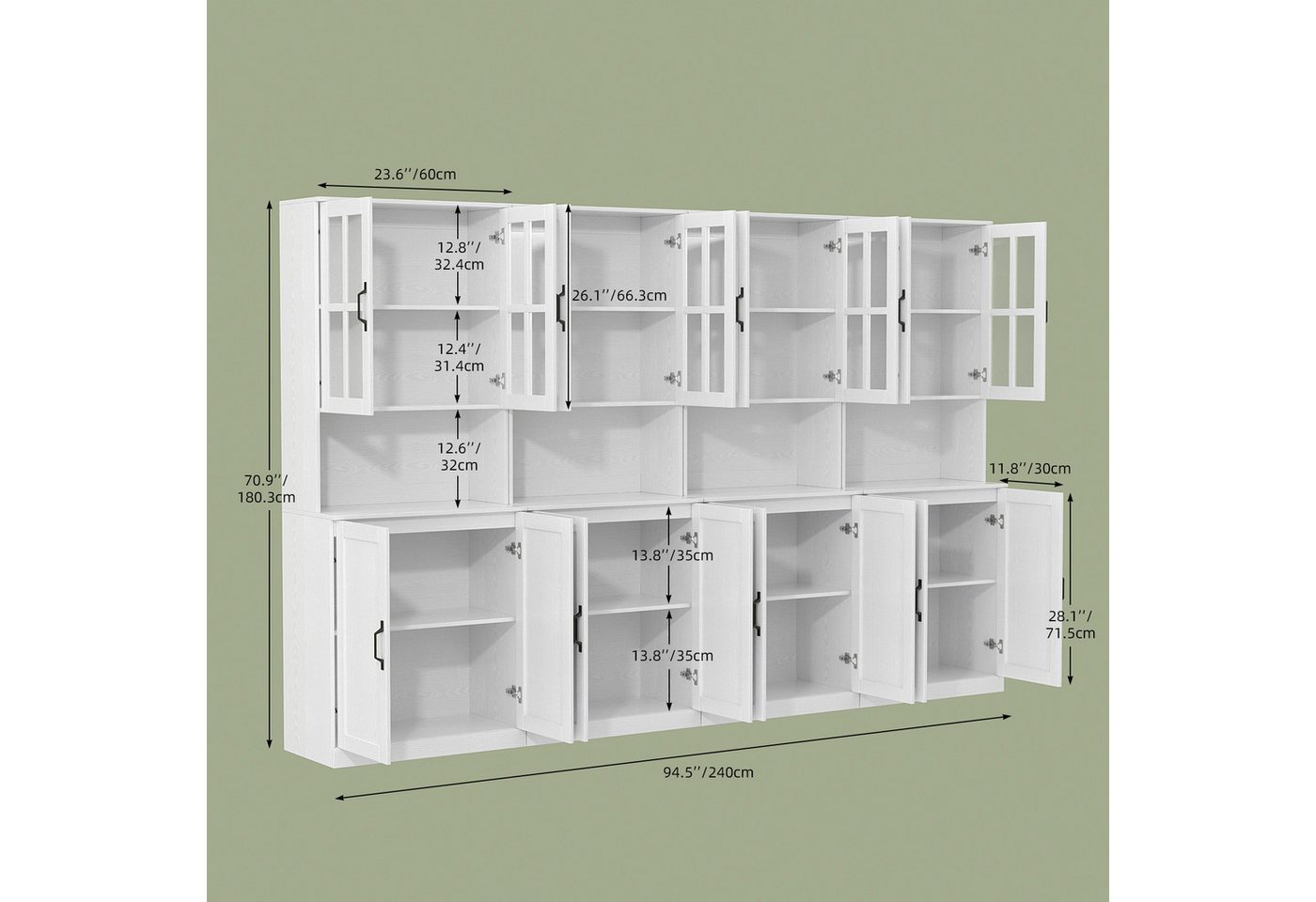 VOWNER Bücherregal mit Glastüren, offenem Fach & Arbeitsplatte – 5 Ebenen Hochschrank, 4-tlg., Vitrinenschrank Buffetschrank Standregal für Wohnzimmer & Büro – Bild 2 von 5