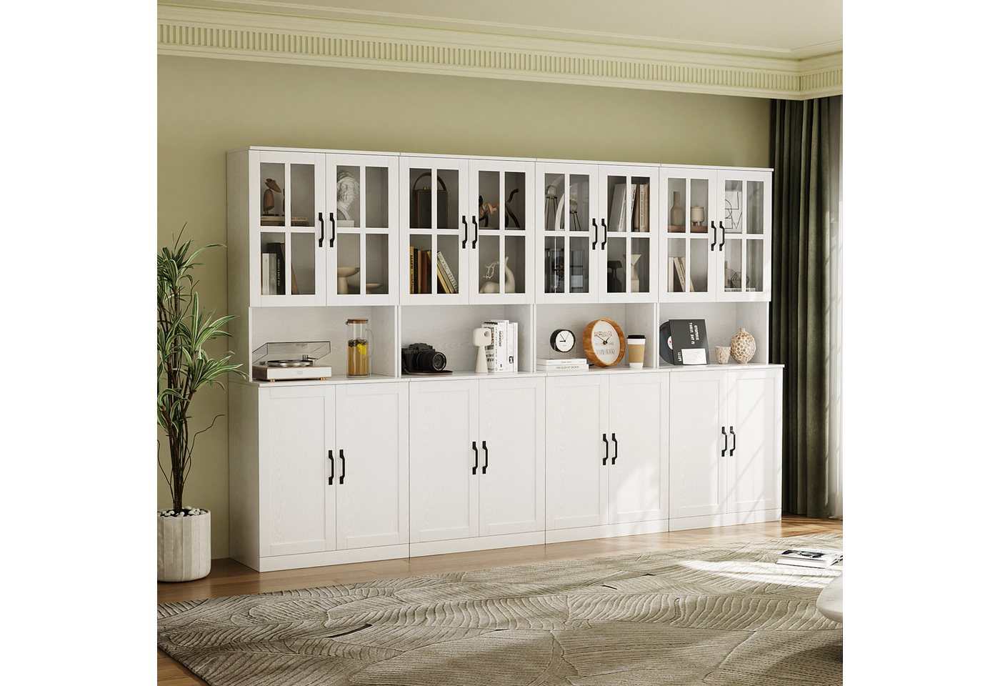VOWNER Bücherregal mit Glastüren, offenem Fach & Arbeitsplatte – 5 Ebenen Hochschrank, 4-tlg., Vitrinenschrank Buffetschrank Standregal für Wohnzimmer & Büro – Bild 3 von 5