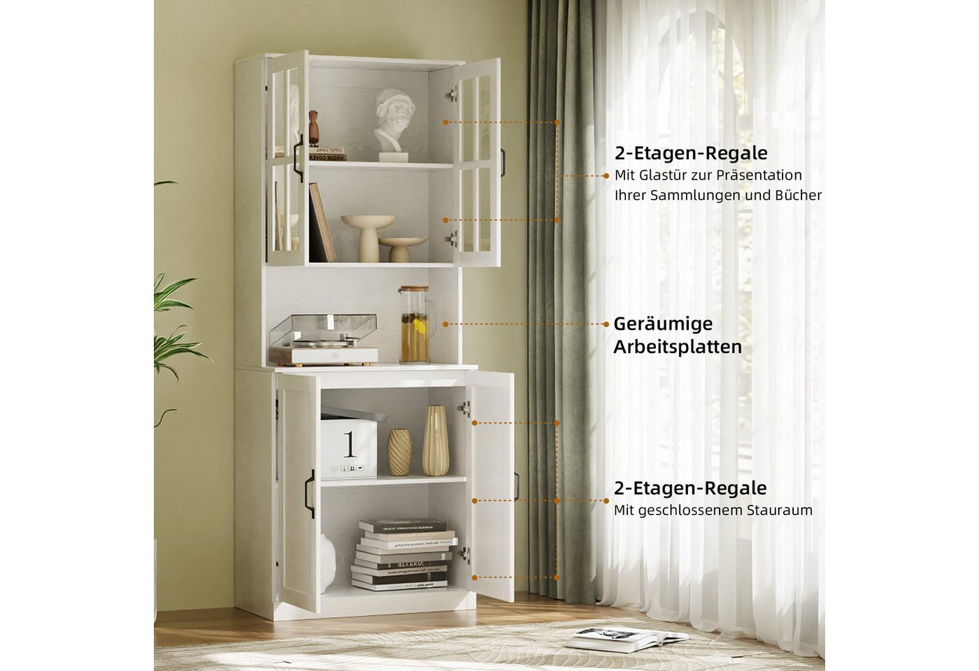 VOWNER Bücherregal mit Glastüren, offenem Fach & Arbeitsplatte – 5 Ebenen Hochschrank, 4-tlg., Vitrinenschrank Buffetschrank Standregal für Wohnzimmer & Büro – Bild 4 von 5