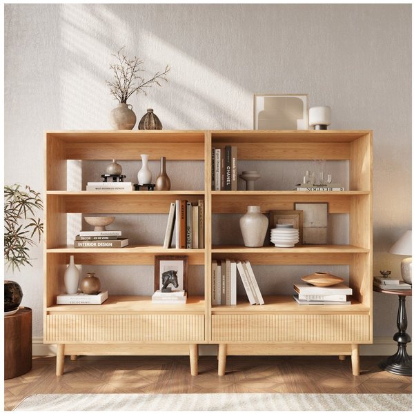 VOWNER Bücherregal mit Schublade, offenes Standregal, modernes Holzregal, 2-tlg., vielseitiges Aufbewahrungsregal, 3 Ebenen, Maße 160x120x30 cm