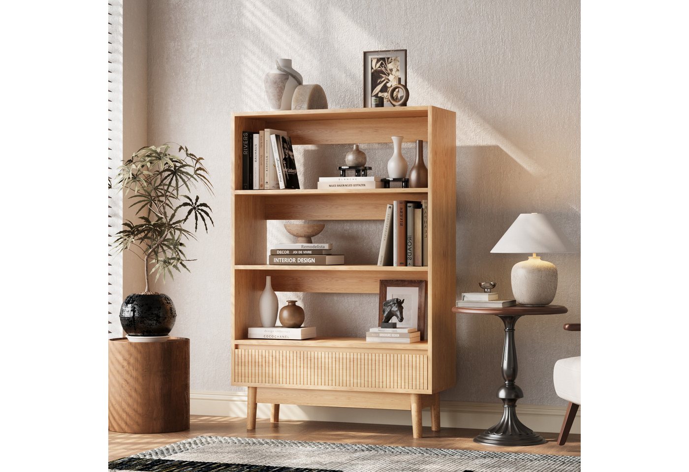 VOWNER Bücherregal mit Schublade, offenes Standregal, modernes Holzregal, 2-tlg., vielseitiges Aufbewahrungsregal, 3 Ebenen, Maße 160x120x30 cm – Bild 4 von 5