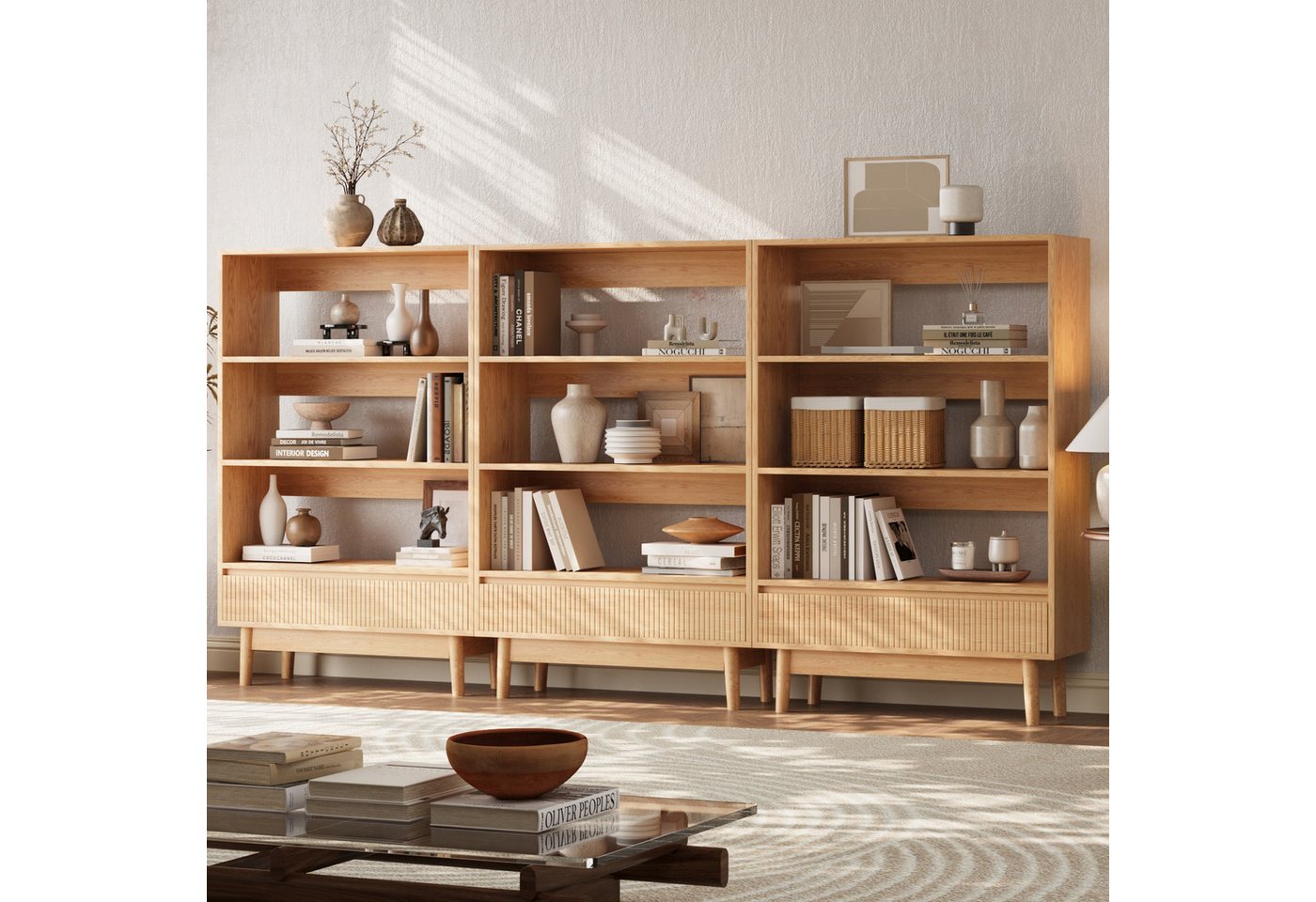 VOWNER Bücherregal mit Schublade, offenes Standregal, modernes Holzregal, 2-tlg., vielseitiges Aufbewahrungsregal, 3 Ebenen, Maße 160x120x30 cm – Bild 5 von 5