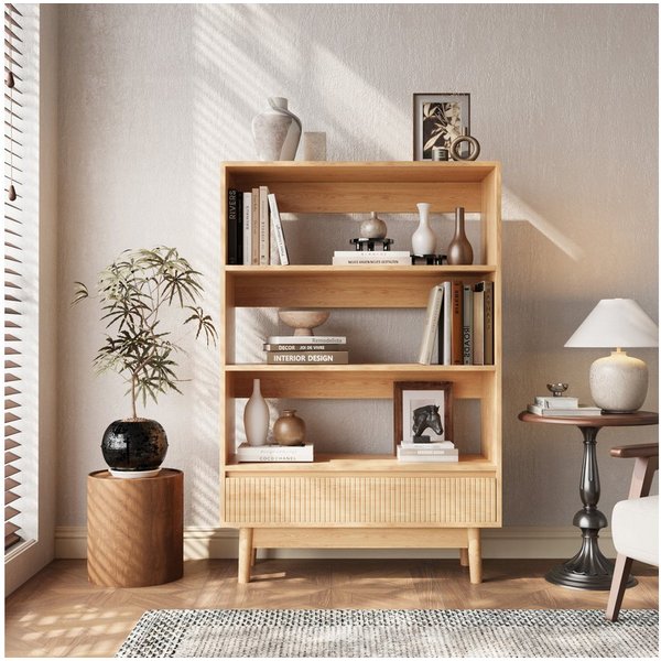 VOWNER Bücherregal mit Schublade, offenes Standregal, modernes Holzregal, 1-tlg., vielseitiges Aufbewahrungsregal, 3 Ebenen, Maße 80x120x30 cm